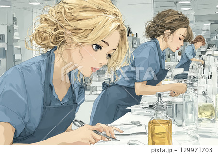 美容院スタッフがシザーを丁寧に準備するシーン 129971703