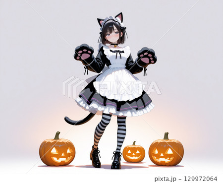 ハロウィン猫耳メイドとカボチャランタン ハロウィン猫耳メイドとカボチャランタン 129972064