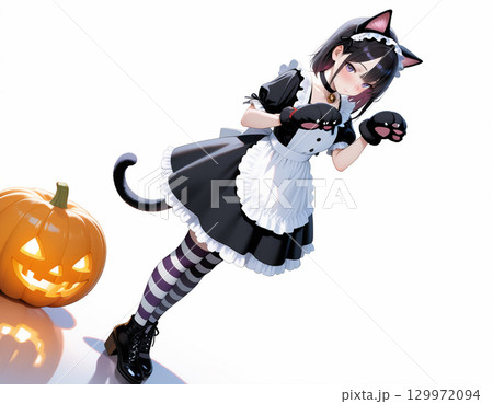 ハロウィン猫耳メイドとカボチャランタン 129972094