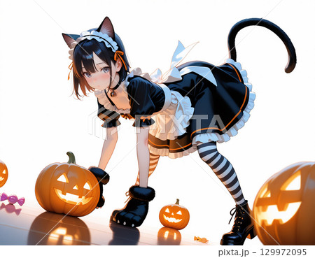 ハロウィン猫耳メイドとカボチャランタン 129972095