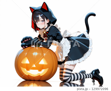 ハロウィン猫耳メイドとカボチャランタン 129972096