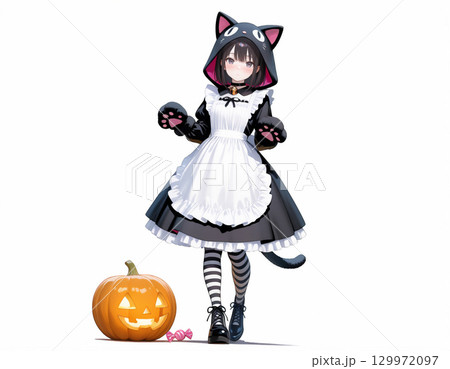 ハロウィン猫耳メイドとカボチャランタン 129972097