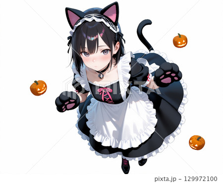 ハロウィン猫耳メイドとカボチャランタン 129972100