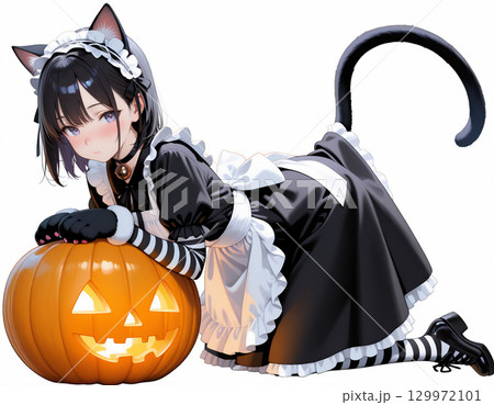 ハロウィン猫耳メイドとカボチャランタン 129972101