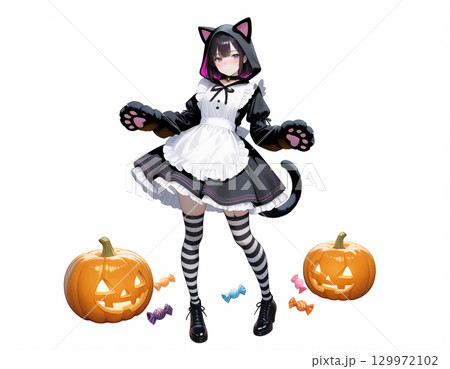 ハロウィン猫耳メイドとカボチャランタン 129972102
