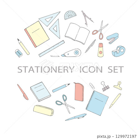 文房具のアイコンセット　円デザイン　コピースペース 129972197