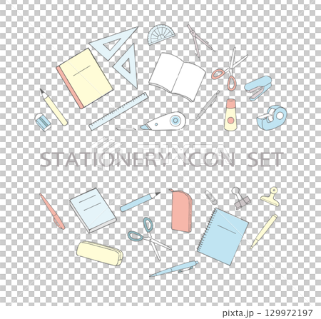 文房具のアイコンセット　円デザイン　コピースペース 129972197
