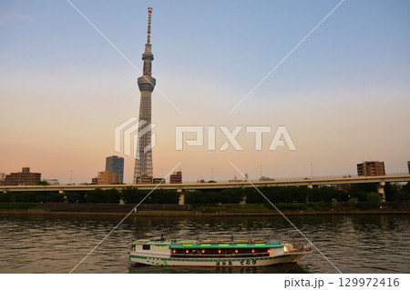 夕暮れのスカイツリーと屋形船 東京 夕暮れのスカイツリーと屋形船 東京 129972416