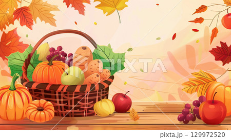 秋の野菜と果物のイラストバスケット 129972520
