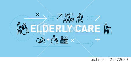 Elderly Care banner illustration support for older adults including person in wheelchair caregiver healthcare retirement house assistance pension nursing home Elderly Care banner illustration support for older adults including person in wheelchair caregiver healthcare retirement house assistance pension nursing home 129972629