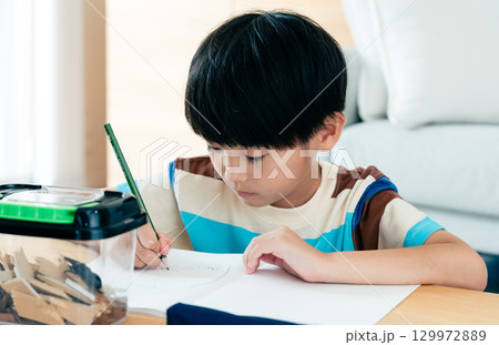 クワガタの観察日記を書く小学生男子 129972889