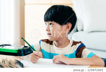 クワガタの観察日記を書く小学生男子 129972891
