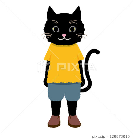 黄色の服を着た黒猫の立ち姿のイラスト 129973010