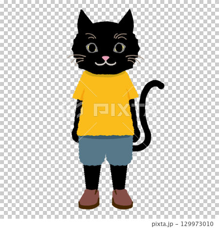 黄色の服を着た黒猫の立ち姿のイラスト 129973010
