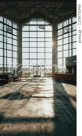 Abandoned airport terminal empty gates broken window sunlight streaming through large glass Abandoned airport terminal empty gates broken window sunlight streaming through large glass 129973049