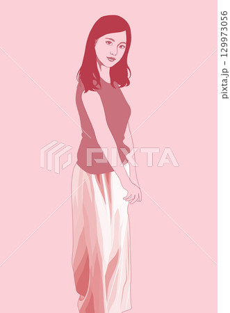 見つめる女性立ち姿イラスト 129973056
