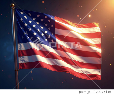立体的なアメリカ国旗 ダイナミック構図 愛国的イメージ素材 129973146