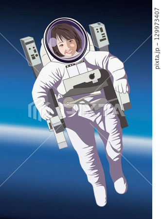 宇宙服を着て宇宙遊泳する若い女性イラスト 129973407