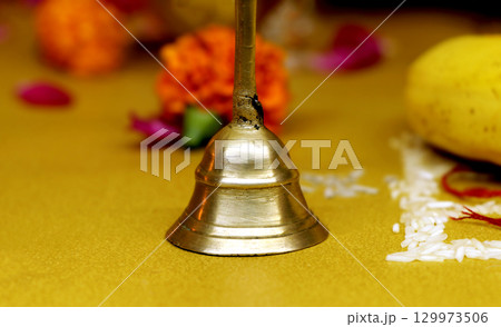 Traditional Brass Puja Bell with Ritual Items 129973506