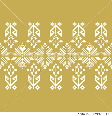 Elegant ethnic pixel art border in white on a mustard-gold background. Features intricate traditional folk motifs and geometric patterns. 129973513