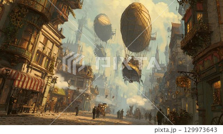 スチームパンク風の街並みと飛行船 129973643