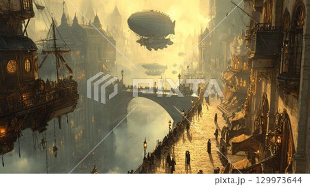 幻想的なスチームパンク都市と飛行船の群れ 129973644
