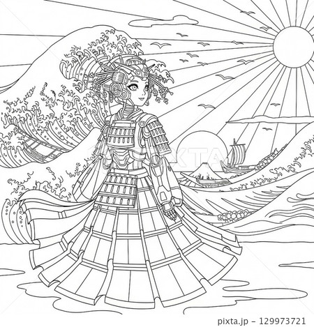 海辺にいるメカ女子の塗り絵 129973721