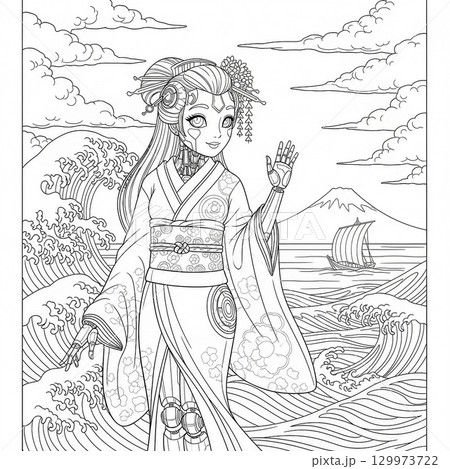 海辺にいるメカ女子の塗り絵 129973722