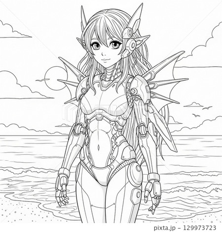 海辺にいるメカ女子の塗り絵 129973723