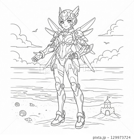 海辺にいるメカ女子の塗り絵 129973724