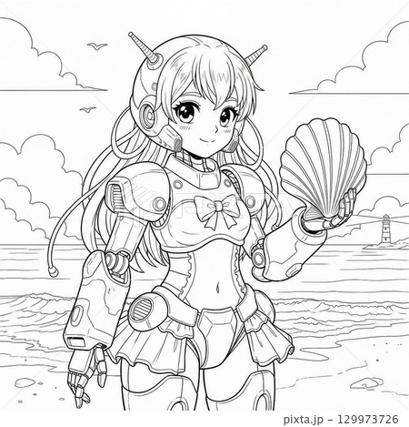 海辺にいるメカ女子の塗り絵 129973726