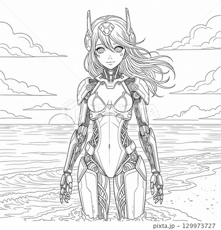 海辺にいるメカ女子の塗り絵 129973727