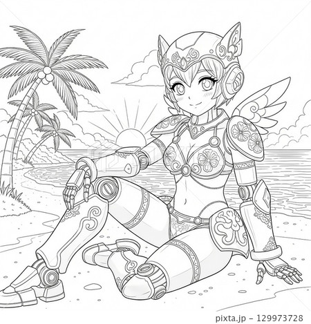 海辺にいるメカ女子の塗り絵 129973728