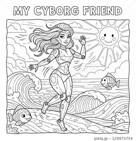 海辺にいるメカ女子の塗り絵 129973754