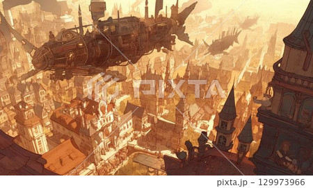 スチームパンクの街を飛ぶ機械飛行船 129973966