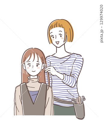 美容室で接客をする美容師と女性の客のイラスト素材 129974020