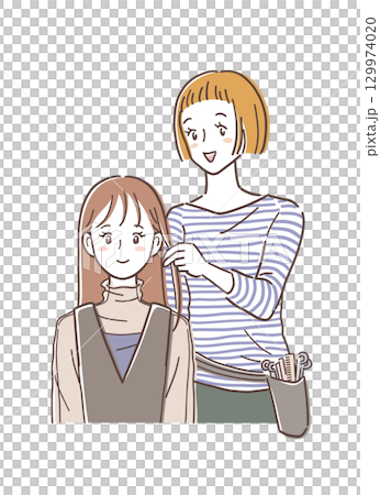 美容室で接客をする美容師と女性の客のイラスト素材 129974020