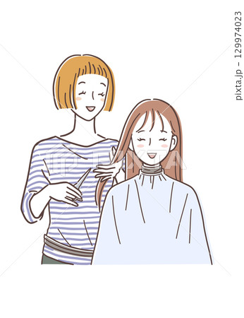 美容院で髪を切る女性のイラスト素材 129974023