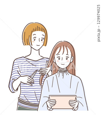 美容室で髪を切る女性とタブレットPCを見ている女性のイラスト素材 129974025