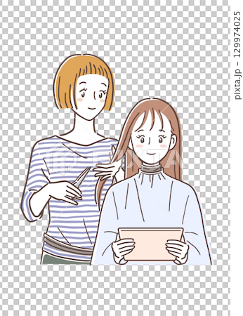 一位女士在美容院剪頭髮和一位女士在看平板電腦的插圖素材 129974025