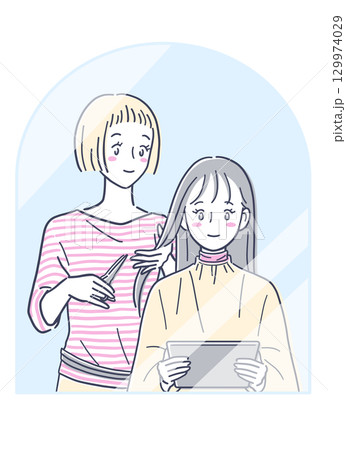美容室で髪を切る女性とタブレットPCを見ている女性のイラスト素材 美容室で髪を切る女性とタブレットPCを見ている女性のイラスト素材 129974029