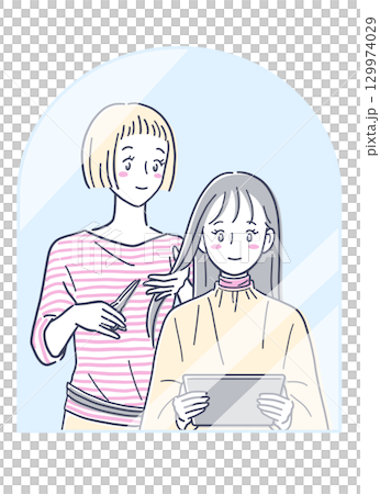 Illustration material of a woman cutting her hair at a beauty salon and a woman looking at a tablet PC Illustration material of a woman cutting her hair at a beauty salon and a woman looking at a tablet PC 129974029
