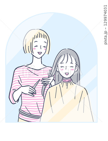 美容院で髪を切る女性のイラスト素材 129974031