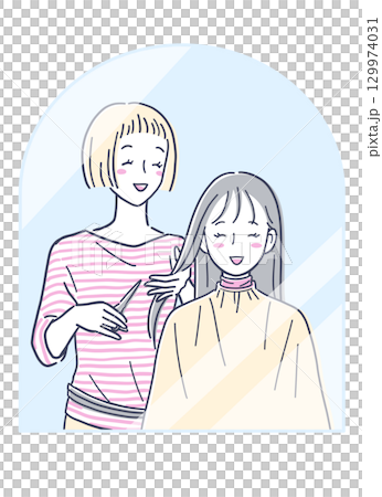 Illustration material of a woman cutting her hair at a beauty salon 129974031