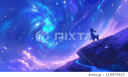 星空を見上げる少女の幻想的な夜 129974425