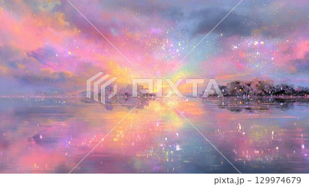 幻想的な朝焼けの湖と輝く空 129974679