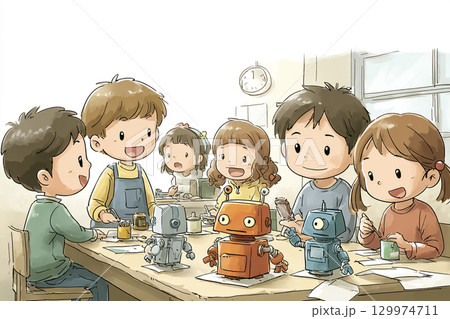 子どもたちが工作でロボットを作るシーン 129974711
