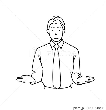 イラスト素材: 両手を広げて比較する男性の線画ベクター|透明背景 イラスト素材: 両手を広げて比較する男性の線画ベクター|透明背景 129974844