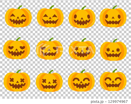 コミカルなハロウィン用かぼちゃイラストアイコン素材-1 129974967
