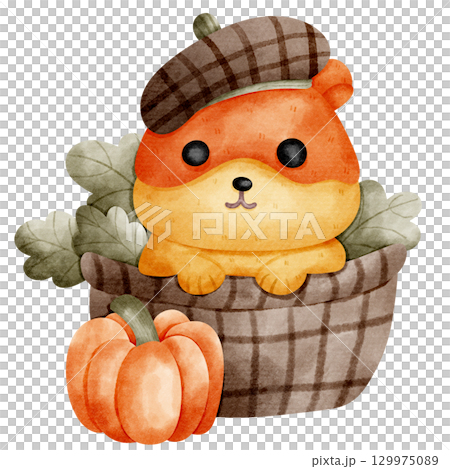 Cartoon of a hamster in a basket of vegetables and pumpkins 129975089